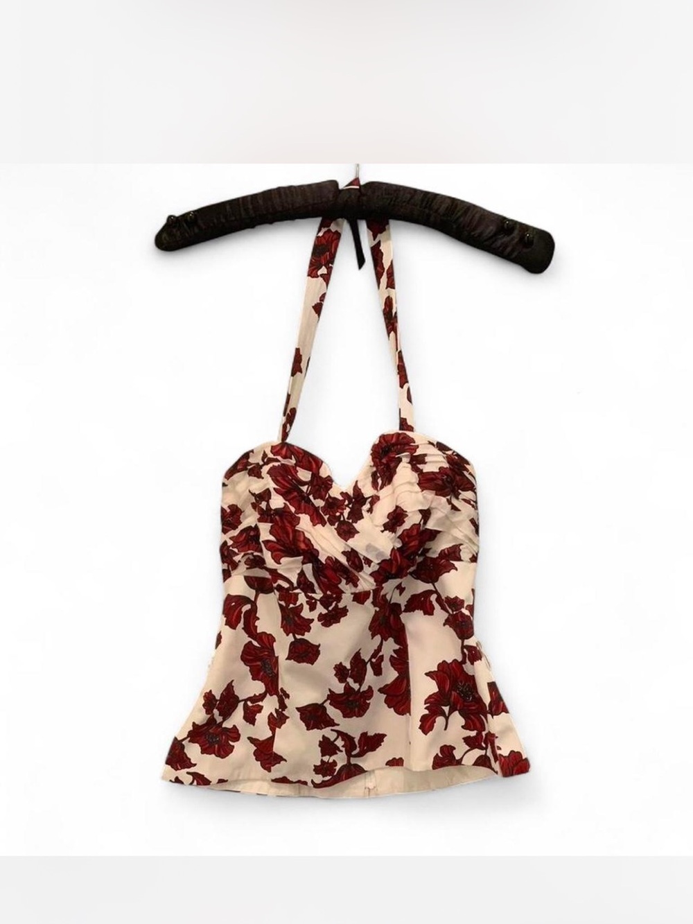 Silk Blend White House Black Market Cream & Wine Poppies Halter Bustier Top 8